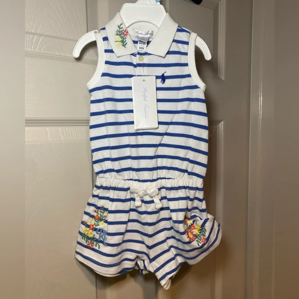 Ralph Lauren Blue and White Striped Romper‎ with Gathered Waist Resort Vacation